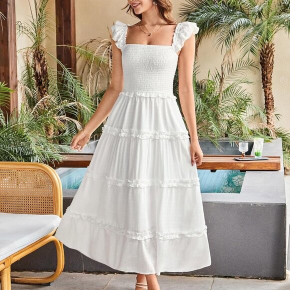 Womens Summer Beach Dress Shell Fabric X-Large Square Neck Casual for Vacation - Picture 4 of 5